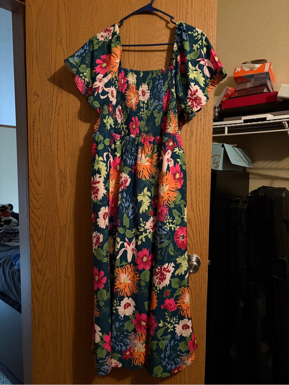 BloomChic XL Teal Floral Smocked Dress - Bright Pink & Orange Print